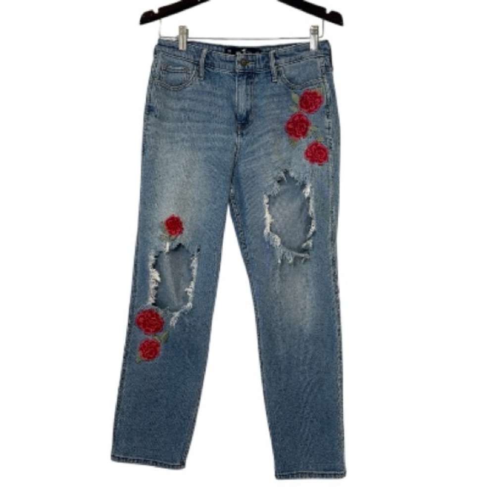 Hollister High Rise Slim Straight jeans distressed red floral embroidery 28x27
